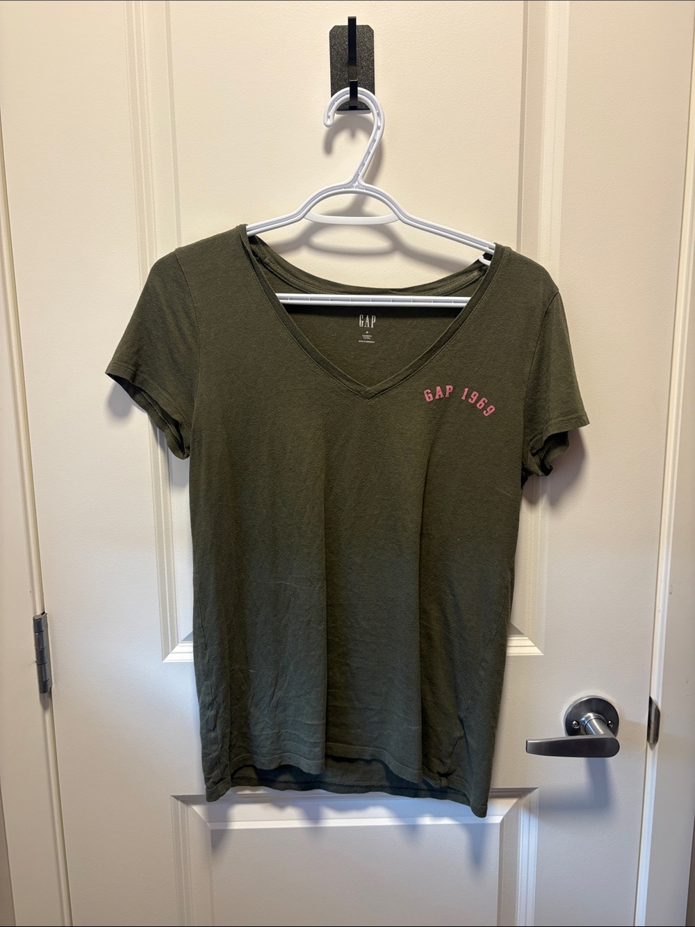 GAP Olive Green V-Neck Tee with Pink Script